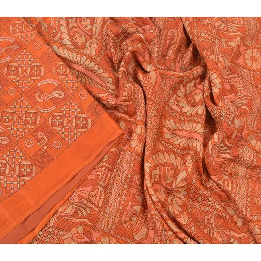 Sanskriti Vintage Orange Sarees Pure Silk Human Peacock Print Sari Craft Sustainable Fabric